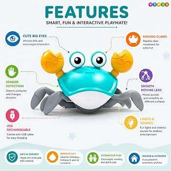 Crawling Crab Baby Musical Kids Toy with LED Lights and Rechargeable Battery