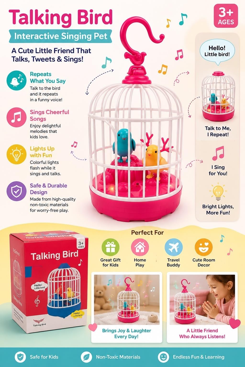 Lovely Talking Bird Cage for Kids with Light and Music Voice Controlled Induction Bird Mini Birdcage